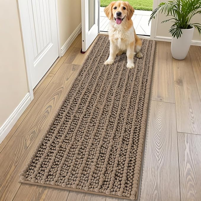 Smiry Dog Door Mat for Muddy Paws 70x24, Absorbent Dirt Trapper, Non-Slip Washable Chenille Entryway Rug for Inside Floor, Camel, Layered Pattern