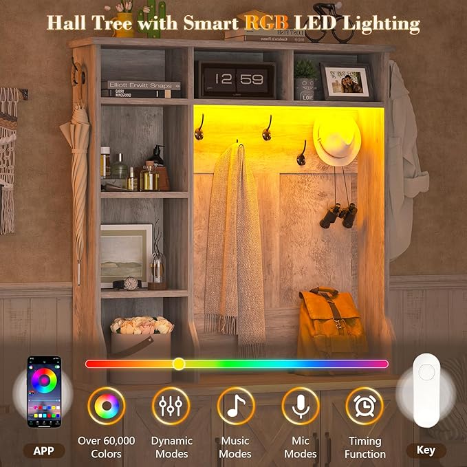 CSZZD Hall Tree with Bench and Shoe Storage, Farmhouse Entryway Bench with Coat Racks and Led Lights, Tall Hall Tree with 7 Coat Hooks, 6 Storage Cubbies, Adjustable Shelf, Gray