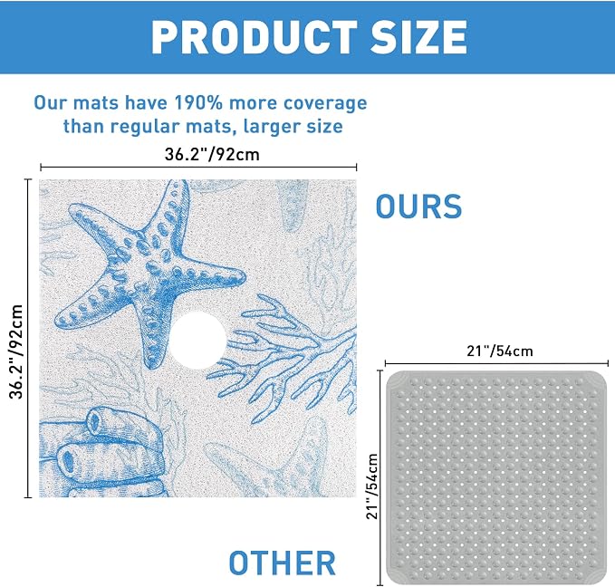 Square Shower Mat Non Slip: 36 x 36 Inch Extra Large Shower Mats with Drain Hole in Middle - PVC Loofah Anti Slip Shower Floor Matt for Inside Shower