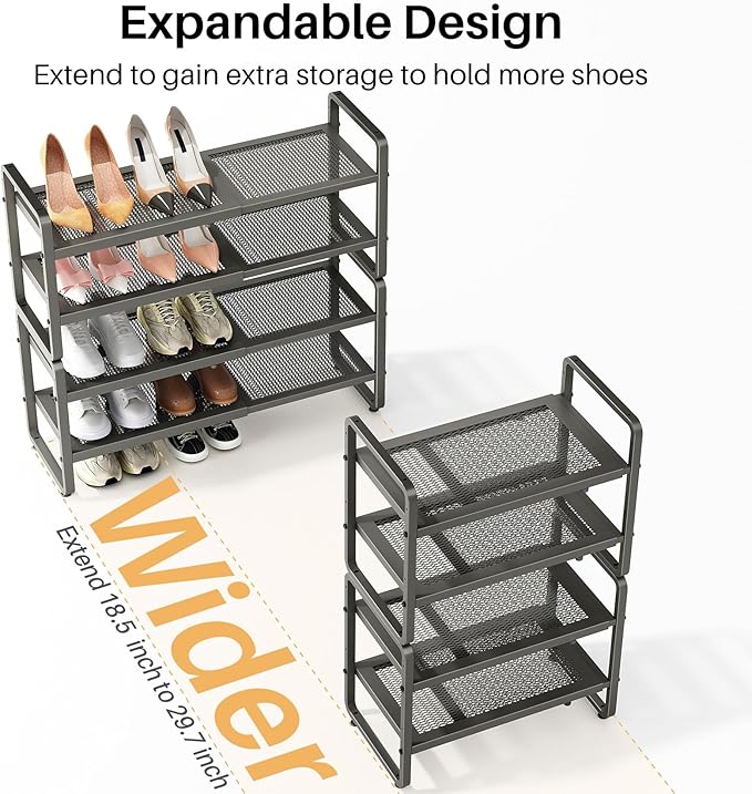SNTD Shoe Rack - Expandable Shoe Organizer for Closet, Adjustable Metal Shoe Shelf Storage, Stackable Long Shoe Stand Holder for Garage, Entryway, Door Entrance (Grey, 4-Tier)