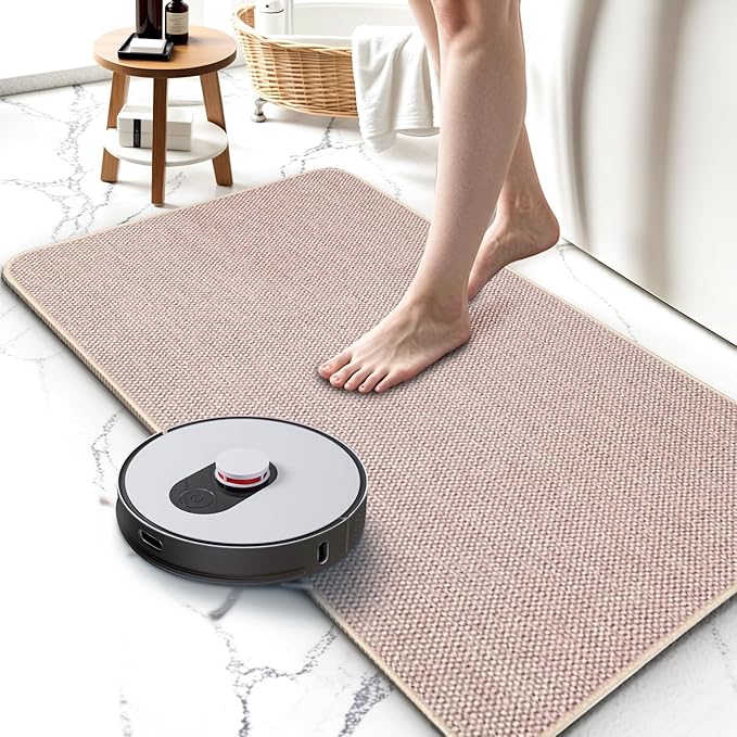 Upgraded Bath Mat 17x27Inch, Thin Bath Mats Rugs with Rubber Backing Non-Slip, Absorbent,Quick Dry Machine Washable, Home Decor Accessories Cozy Cloth Bathroom Rugs fit Under Door/Sink/Tub-Biege