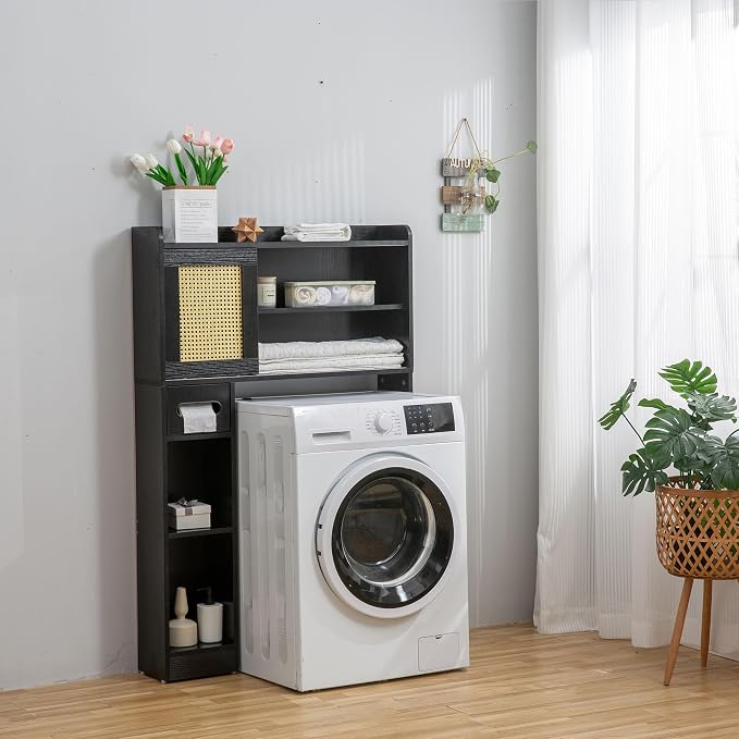SUNTAGE 6Tier Over The Toilet Storage Cabinet, Freestanding Above Toilet Space Saver Rack w/Adjustable Shelves, Sliding Door, Multifunctional Over Toilet Organizer for Bathroom (Black)