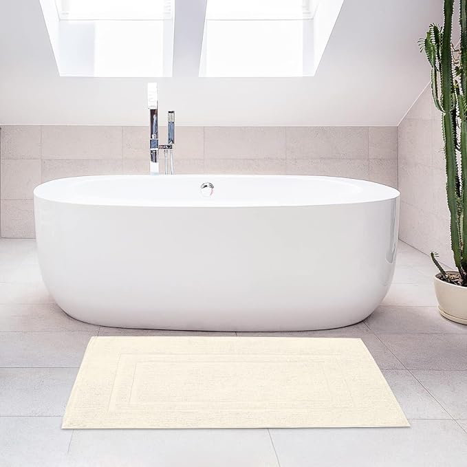 Feather & Stitch 2 Piece Towel Like Bath Mats (30x21 Inch) 100% Cotton Terry Bath Mat, Bathroom Shower Floor Mat [NOT A Bathroom Rug], Soft Absorbent Washable Mats - Ivory