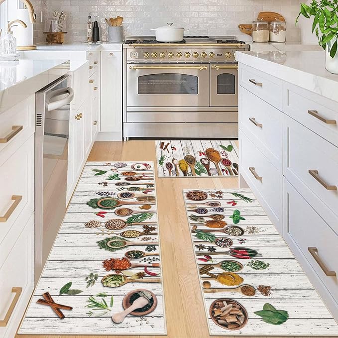 Vaukki Boho Kitchen Rug Sets 3 Pieces, Washable Kitchen Mats for Floor, Non Slip Soft Kitchen Area Rug Floor Mat for Kitchen, Laundry Room and Hallway (Spice-Wooden, 20''x32''+20''x47''+20''x59'')
