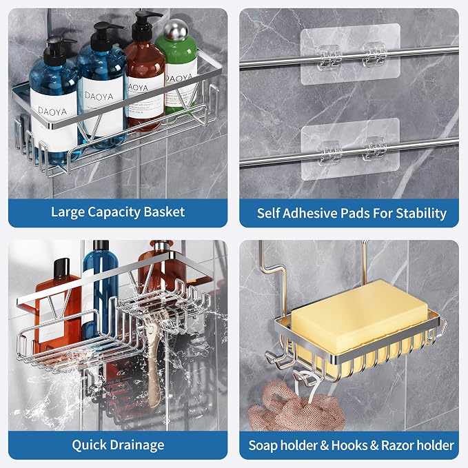 DAOYA Shower Caddy Hanging - Over the Shower Head Caddy with 2 Baskets, Soap Holder & Razor Holder, Non-Slip Rubber Pads, U-Shaped Hooks and Adhesive Pads for Bathroom Organization - Silver