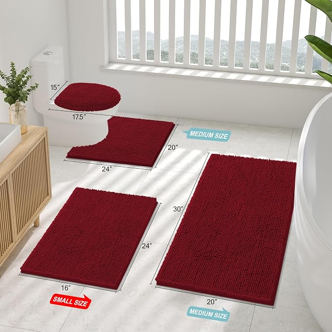 Smiry Luxury Chenille Bathroom Rugs 24x16, Extra Soft and Absorbent Shaggy Bath Mat, Machine Washable, Non-Slip Plush Carpet Runner for Tub, Shower, and Floor, Home Decor Accessories, Red