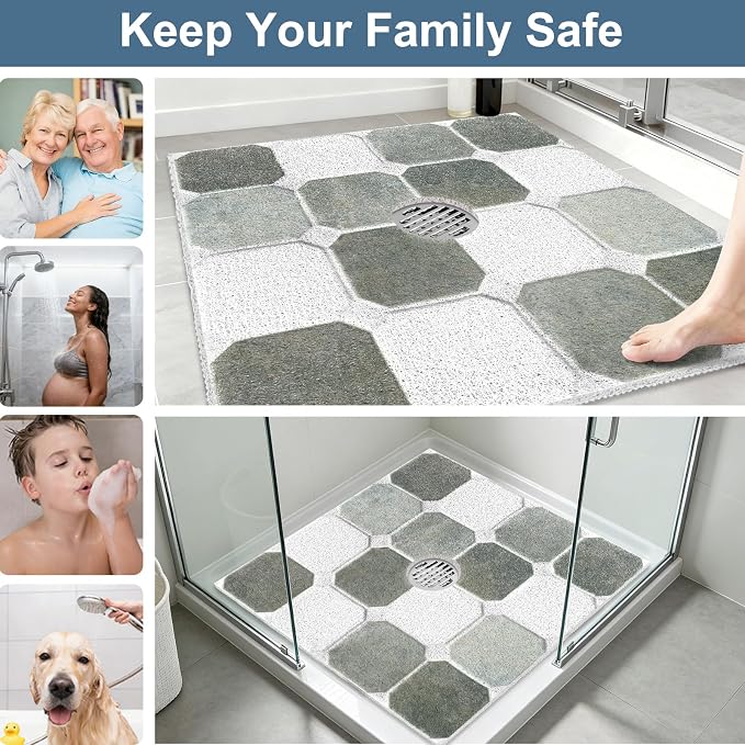 Square Shower Mat Non Slip: 24x24 Inch Extra Large Shower Mats for Inside Shower, Non Slip Shower Mat with Drain Hole in Middle- Anti Slip Shower Floor Mat, Loofah Shower Stall Mats for Elderly