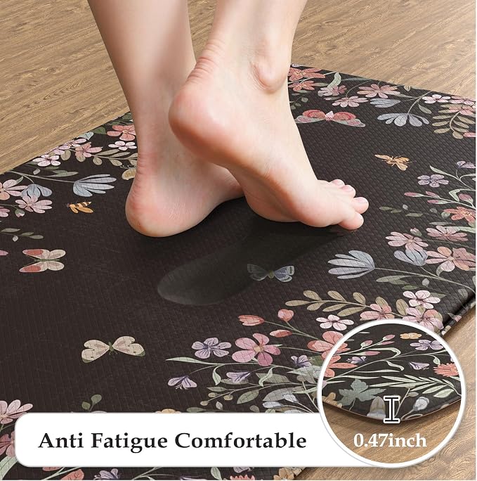 KIMODE Kitchen Anti Fatigue Mats, Farmhouse Kitchen Rugs Sets of 2, Memory Foam Kitchen Mats for Floor, Waterproof Non Skid Standing Mat for Sink Laundry Office Desk Black 20"x47"+20"x32"