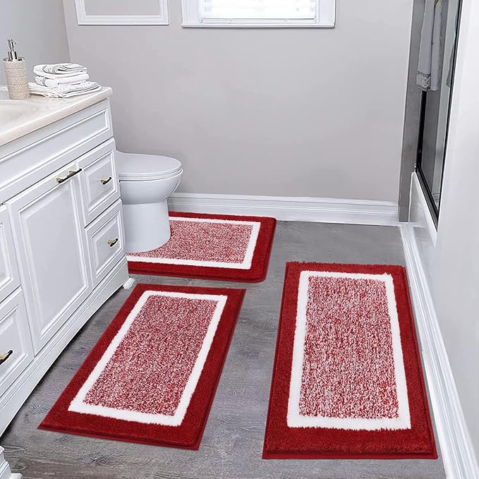 Pauwer Bathroom Rugs Sets 3 Piece Bathroom Shower Rugs with U-Shaped Contour Toilet Mat Absorbent Microfiber Plush Bath Mats Non Slip Bath Rugs Machine Washable Shaggy Bath Floor Mats, Red