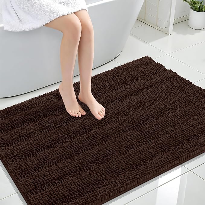 OLANLY Thick Large Bathroom Rugs 44x32, Extra Soft Absorbent Chenille Striped Bath Rugs, Rubber Backing, Machine Wash Dry, Bath Mats for Bathroom Floor, Tub and Shower, Home Decor Accessories, Brown