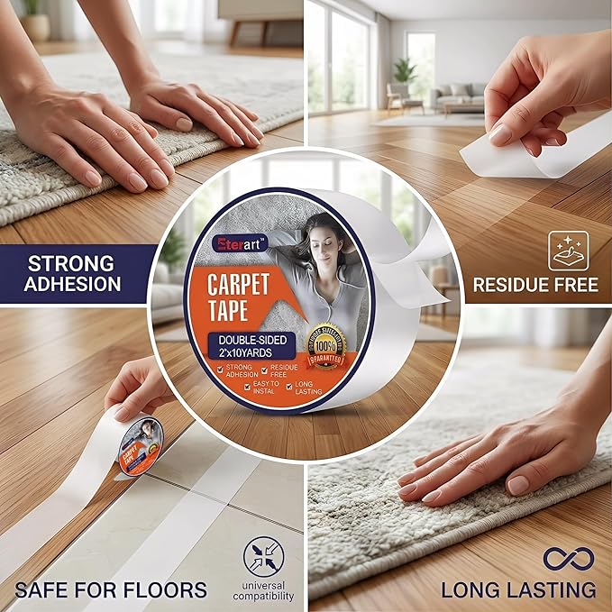 ETERART Heavy Duty Double Sided Carpet Tape - Fiberglass Reinforced, Residue-Free Rug Tape for Hardwood Floors & Tile - Hand Tearable, Anti-Slip Safety for Kids & Pets (2" x 10 Yards, White)