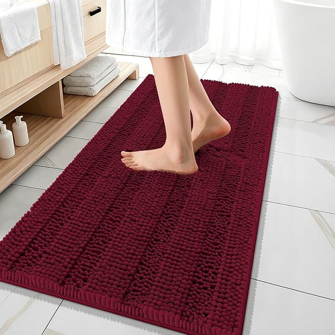 OLANLY Thick Bathroom Runner Rugs 47x20, Extra Absorbent Chenille Striped Bath Rugs, Rubber Backing, Machine Wash Dry, Long Bath Mats for Bathroom, Tub and Shower, Home Decor Accessories, Burgundy