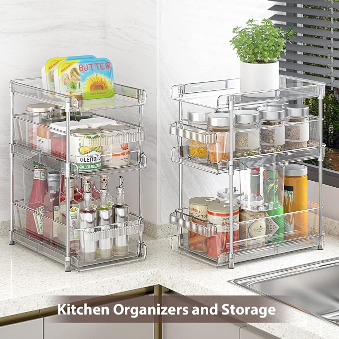 Clear Bathroom Organizers 2 Sets 3 Tier, Pull Out Organizer and Storage with 2 Cups, Slide Out Drawer Storage Container with 6 Dividers, Multi-Purpose Bathroom Organizer, Kitchen Under Sink Organizer