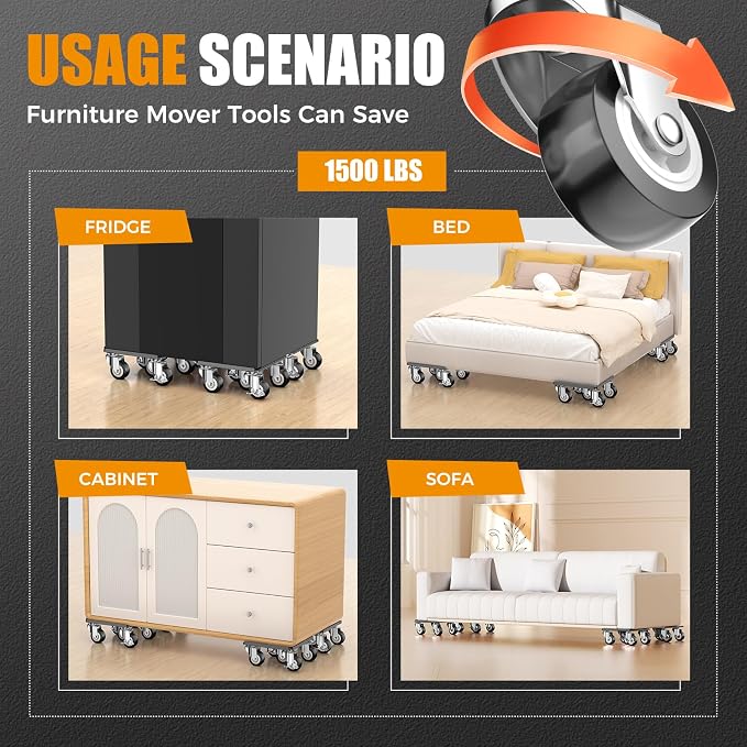 LOYAL TIGER 1500LBS Heavy Duty Furniture Dolly Movers Set with Lifter, 5-Wheel Carbon Steel Moving Rollers with Locking Casters for Refrigerator, Washer, Sofa & Cabinet(5.4 Inch, Black)