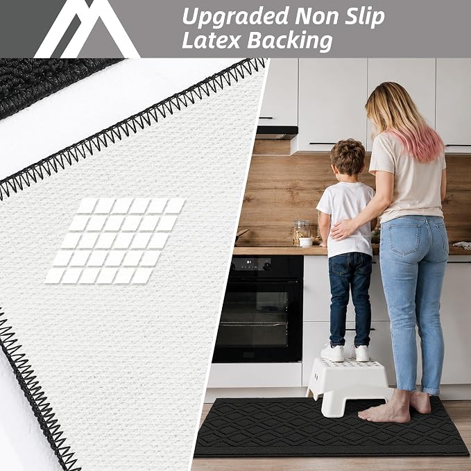 COSY HOMEER-Kitchen-Rugs-and-Mats 20"x48" Non Slip Kitchen Mats for Floor Absorbent Washable Kitchen Runner Standing Floor Mat for Sink Mat,Entry,Laundry,Polypropylene,Black