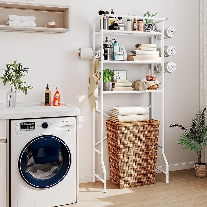 Over The Toilet Storage Metal 3 Tier Bathroom Organizer Shelf with Paper Holder Easy to Assemble & Space Saving (White)