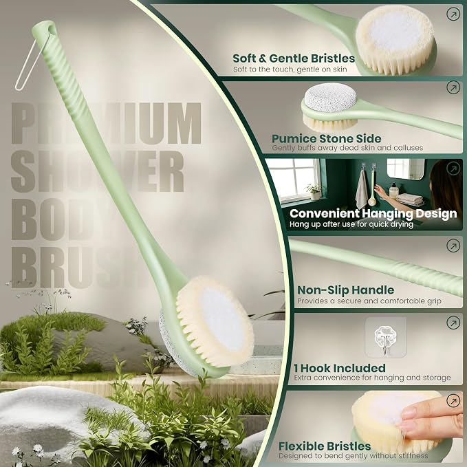 Back Scrubber for Shower, Long Handle Exfoliating Brush, Dual-Sided Bath Brush with Soft Bristles & Volcanic Pumice Stone, Anti-Slip Grip for Men & Women (Green)
