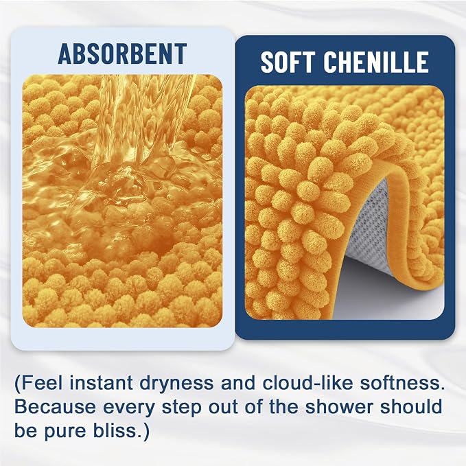 Grandaily Chenille Striped Bathroom Rugs 24x16, Extra Thick and Soft Absorbent Bath Mats, Rubber Backing, Plush Shaggy Shower Carpet, Machine Wash Dry, Bath Rug for Bathroom, Golden Yellow