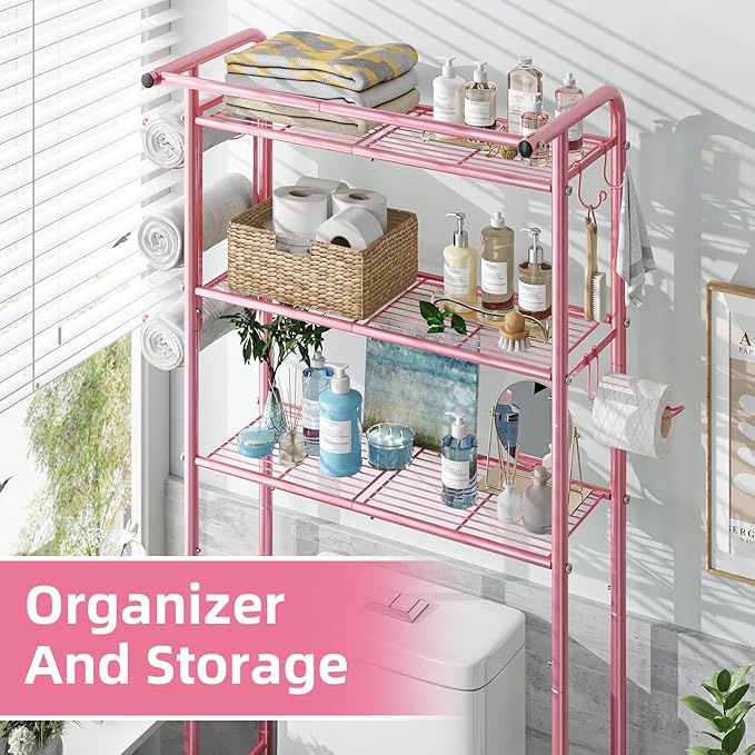 Simple Trending 3 Tier Over The Toilet Rack, Shelf Bathroom, Bathroom Stand Organizer Space Saver, Pink
