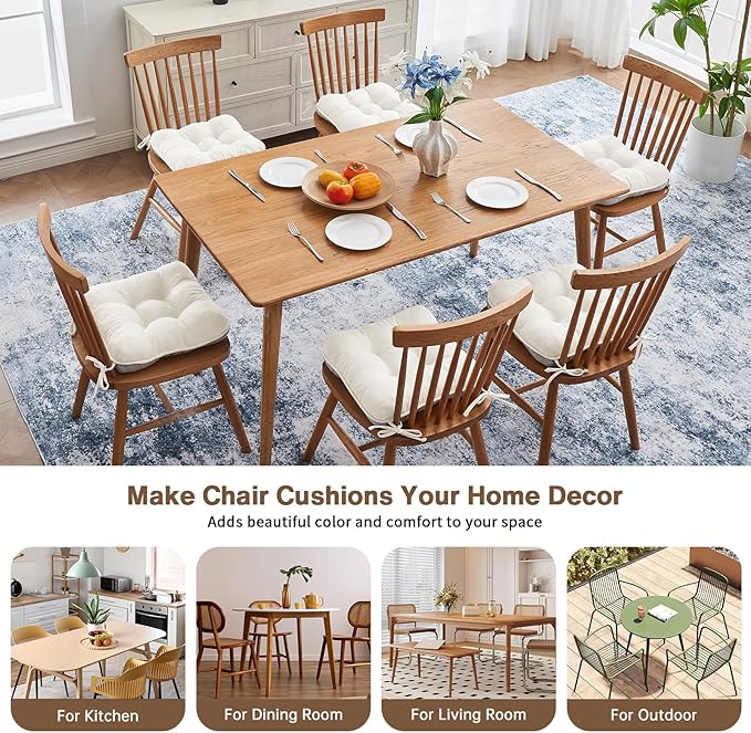 BETU White Chair Cushions for Dining Chairs Set of 6,3.5" Thick Kitchen Table Chair Pads with Ties,Non Slip Backing and Covers, Seat Cushion for Dining Room,Bar,Patio Chairs,15.5"X15.5"X3.5",White