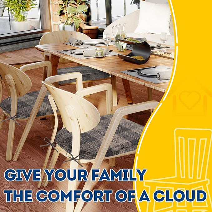 AAAAAcessories D-Shaped Chair Cushions, 2" Thick Dining Chair Pads with Ties and Removable, Machine-Washable Cover, 17" x 16", Set of 2, Brown Checkered