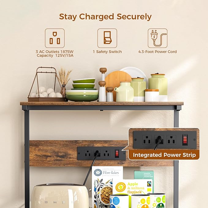 VUSIGN Kitchen Bakers Rack with Power Outlet, 4 Tiers Microwave Stand with Storage, 23.6 Inch Coffee Bar Station with 6 S Hooks, Adjustable Shelf Rack for Pots/Pans/Spices, Rustic Brown