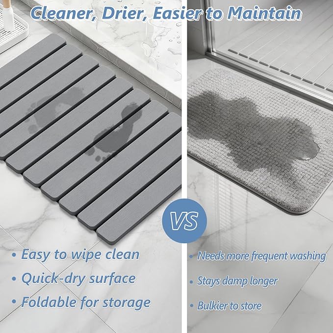 AWW Foldable Stone Bath Mat, Quick Dry Diatomaceous Earth Bath Mat with Non-Slip Mat, Super Absorbent, Easy to Clean, Compact for Small Bathrooms, 23.6 x 15.5, Grey