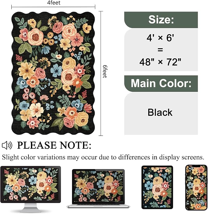DUKINO 4x6 Area Rug, Floral Non-Slip Indoor Washable Rug with Low Pile & Non-Shedding, Lightwight Boho Design Carpet for Entryway, Bedroom, Kids Room, Living Room, Kitchen, Black