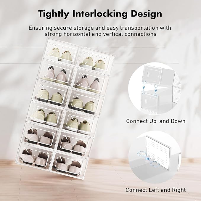 Foluck Shoe Storage Box, 15 Pack Clear Plastic Stackable Organizer for Closet, Interlocking Design Shoes Container Bins for Sneakers, Foldable Shoe Rack with Lids, White
