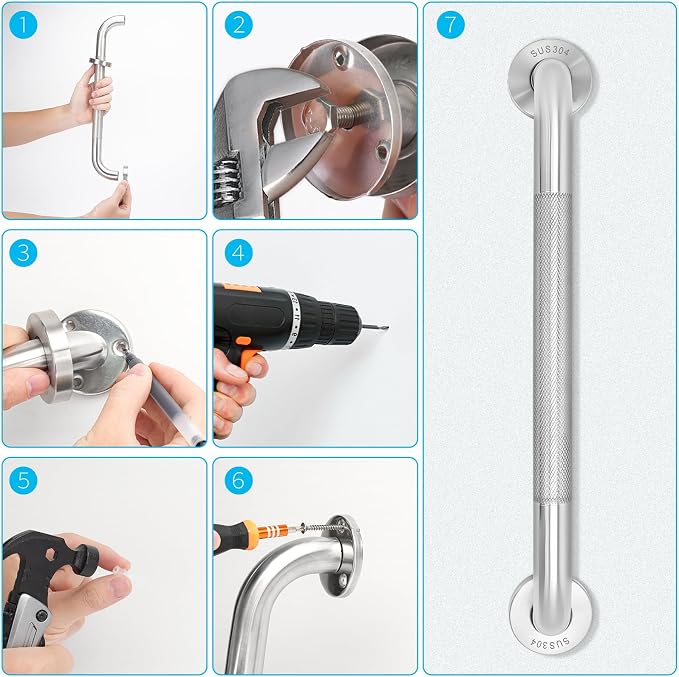 2-Pack Shower Grab Bars & Bathtub Safety Handles - 304 Stainless Steel Textured Non-Slip Assist Rails for Seniors & Mobility Support - Anti-Fall Bathroom Support for Tub, Shower & Toilet Area, 16 Inch