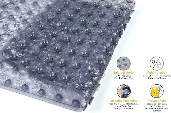 Bathtub Mat Non Slip with Suction Cups 15"x27" - Anti-Slip Shower Mat for Kids, Toddlers, and Seniors - Machine Washable Bath Tub Mat with Multiple Drainage Holes (Grey)