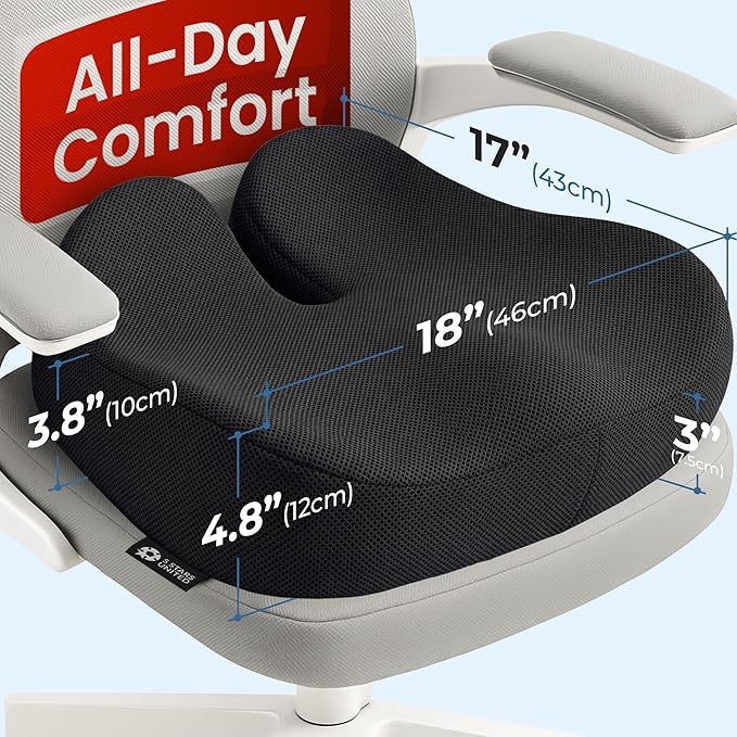 5 STARS UNITED Seat Cushion - Memory Foam Chair Cushion for Tailbone Pain Relief - Ergonomic Support for Coccyx, Sciatica & Butt - Office, Desk & Gaming Chair, Car Seat, Wheelchair, Black Mesh