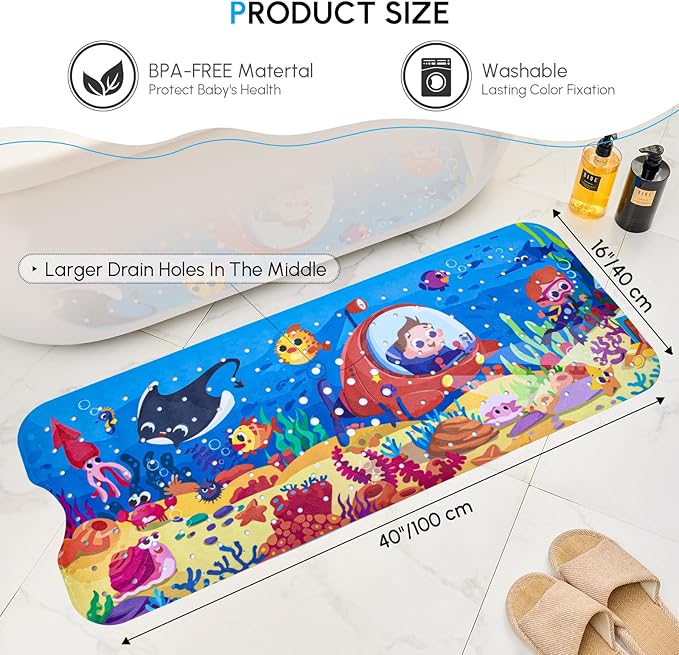 Bath Mats for Tub Kids - Large Cartoon Non-Slip Bathroom Bathtub Kid Mat for Baby Toddler Anti-Slip Shower Mats for Floor 40x16,with Drain Holes and Suction Cups Machine Washable, Boy - Submersible