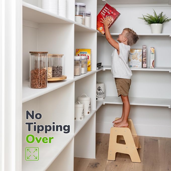 OCODILE 2-Step Wooden Step Stool for Toddlers | Kids Stool for Bathroom Sink & Kitchen Use | Non-Slip Step | Wooden Stool for Children Ages 2+ Years Varnished