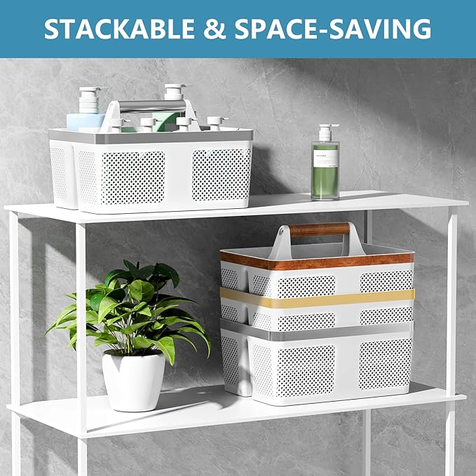 BYUNER Plastic Shower Caddy Dorm: Portable Bathroom Caddy Organizer with Handle and Holes, Cleaning Basket, Hard Shower Basket Storage Tote for Toiletry, College Dorm Room Essentials White/Silver