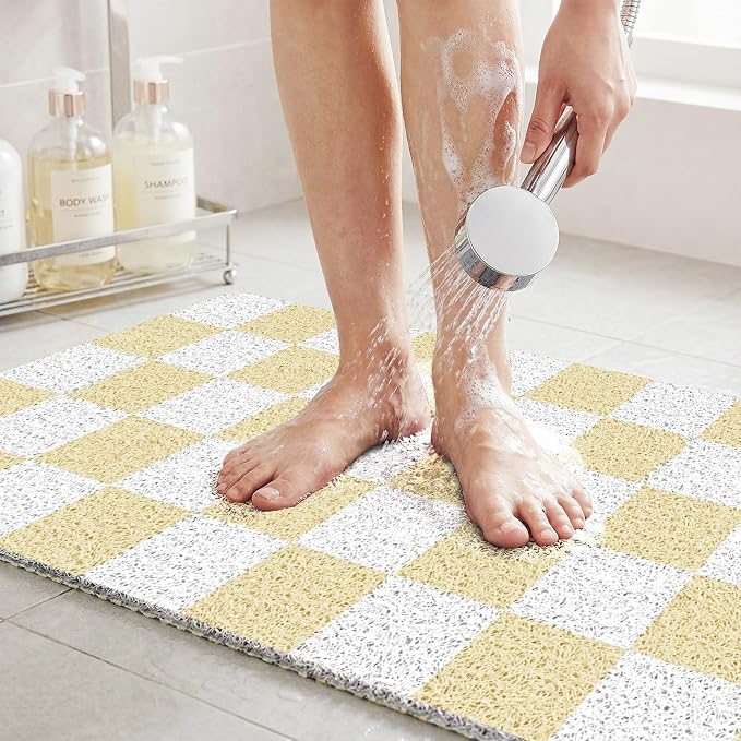 Extra Large Shower Mat 32"x24",Fast Drying Foot Scrubber Mats,Non Slip Bath Mat for Inside Shower, PVC Loofah Bathroom Mats for Wet Areas, Bathroom Floor, Poolside Entryway, Beige Checkered