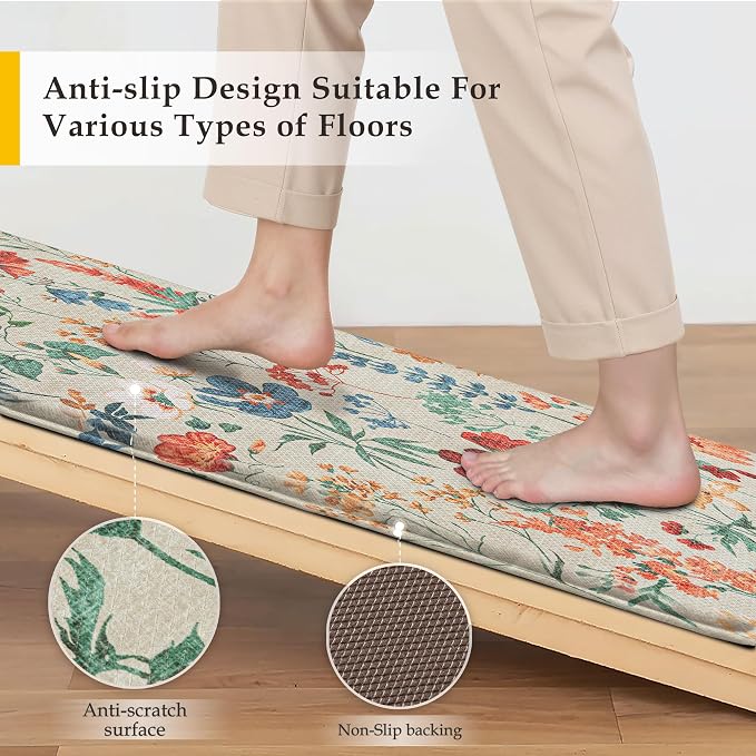 PureCozy Kitchen Mats 2PCS Anti Fatigue Cushioned Mat Non Slip Floral Boho Kitchen Mats for Floor Waterproof Comfort Standing Beige Rug for Sink Laundry Office Desk 17.3"x47"+17.3"x30"