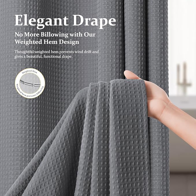 Dynamene Grey Fabric Shower Curtain for Bathroom - Waffle Weave Textured Heavy Duty , 256GSM Hotel Luxury Weighted Cloth Bath Curtain Set with 12 Plastic Hooks,72x72, Grey/Gray