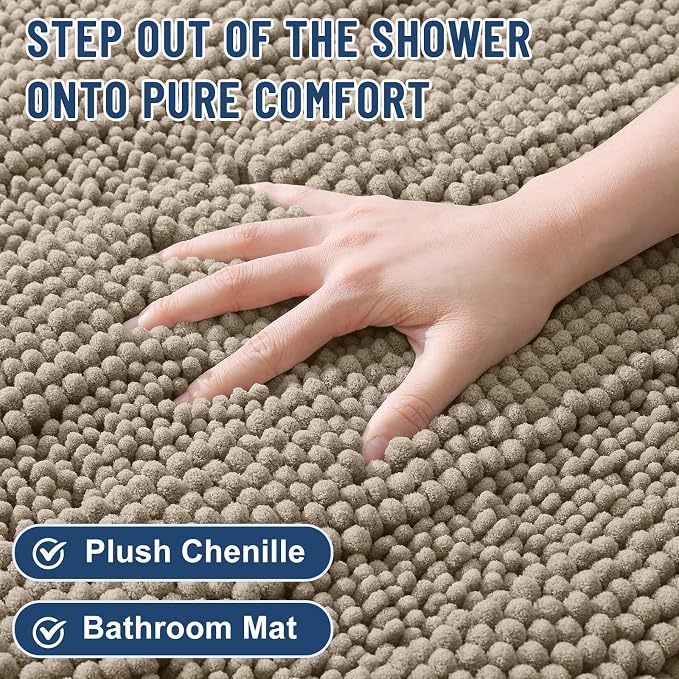 Grandaily Chenille Striped Bathroom Rugs 44x24, Extra Thick and Soft Absorbent Bath Mats, Rubber Backing, Plush Shaggy Shower Carpet, Machine Wash Dry, Bath Rug for Bathroom, Warm Taupe