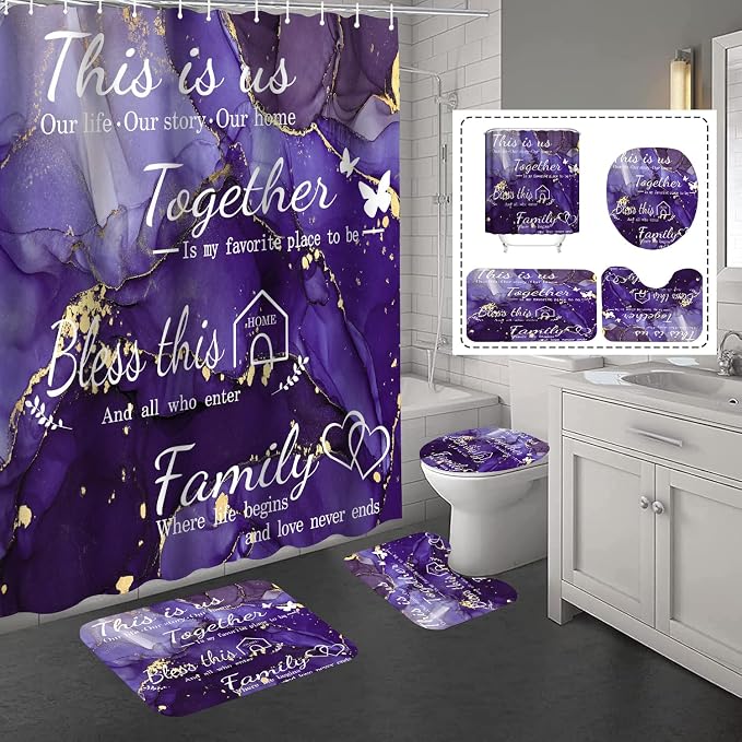 4Pcs Family Marble Shower Curtain Set,Purple Home Inspirational Bathroom Sets with Shower Curtain and Rugs, Bathroom Decor Set,Waterproof Bathroom Curtains Shower Set,with 12 Pcs Hooks