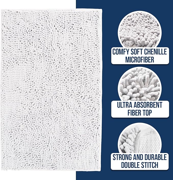 Muddy Mat® | Chenille Bathroom Rugs Quick Dry Microfiber Mats Non Slip Washable, Extra Thick, Soft and Highly Absorbent Bath Mats for Bathroom, Kitchen, and Shower Floor - White 24"x35"