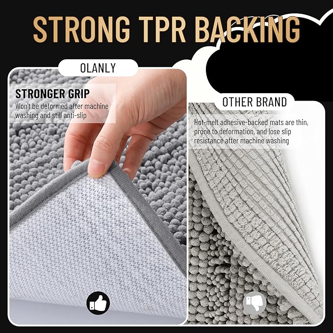 OLANLY Thick Bathroom Runner Rugs 59x24, Absorbent Chenille Striped Bath Rugs, Rubber Backing, Machine Wash Dry, Extra Long Bath Mats for Bathroom Floor, Tub and Shower, Home Decor Accessories, Grey