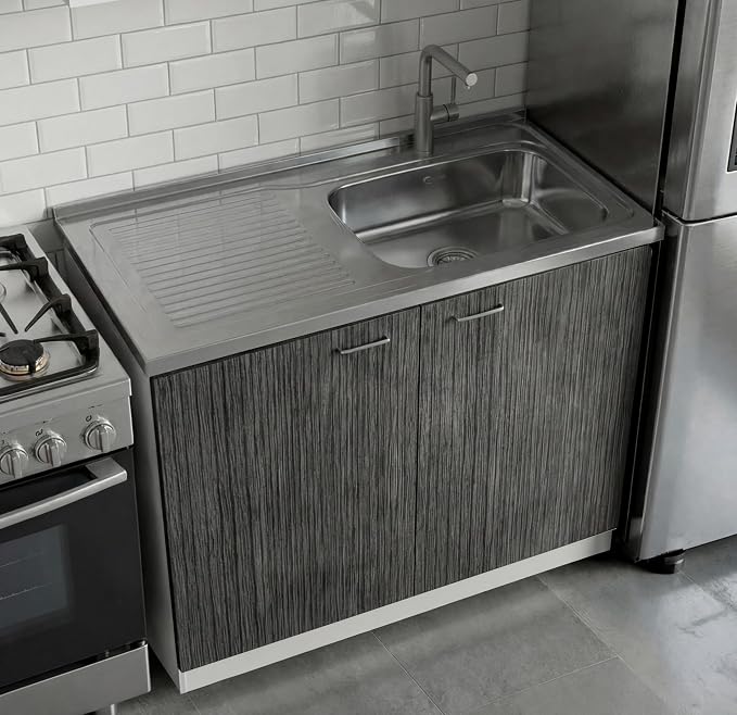 Tuhome Napoles Utility Sink Base Cabinet with Integrated Stainless Steel Countertop, Freestanding Cabinet with Double Doors, Interior Shelf for Laundry Room, Utility Room, Mudroom or Kitchen