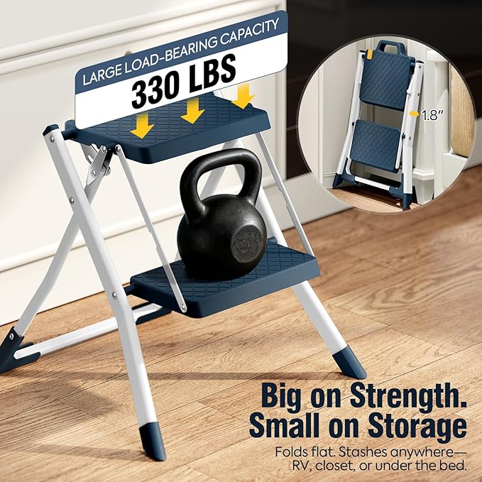 URACKIFY 2 Step Stool Foldable, Step Ladder with Non-Slip Rubber mat, Step Stool with Release Button, Lightweight Steel, Blue, for up to 330LBS.