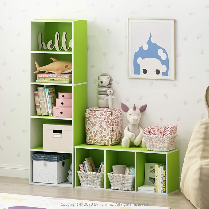 Furinno LUDER Book Shelf, 5-Tier Bookshelf, Bookcase with Open Shelves, 9.4 x 15.8 x 52, Easy Assembly, for Living Room, Bedroom, Home Office, White/Green