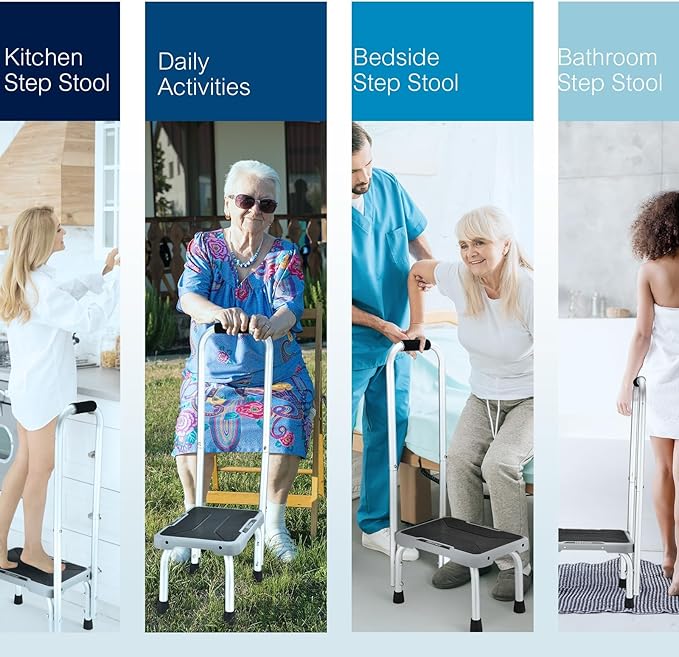 HBTower Aluminum Step Stool with Handle for Elderly, Lightweight Step Stools for Adults Seniors with Non-Slip Rubber Feet, Stepping Stools for Bedroom Kitchen Bathroom, Bed Steps for High Beds