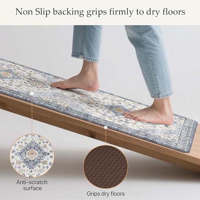 GENIMO Kitchen Mats for Floor, 2PCS Kitchen Rugs Non Slip Washable, Waterproof Anti Fatigue Mat, Comfort Standing Runner Rug for Sink, Office, Laundry, Home, 17.3"x59"+17.3"x30", Muted Blue