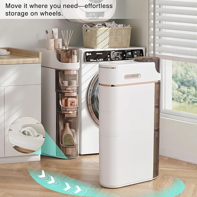 VECELO 3-Tier Slim Bathroom Storage Cabinet with Wheels, Skinny Bathroom Storage Cabinet with Drawers, Toilet Paper Holder, Movable Narrow Floor Cabinet for Small Space, Bathroom