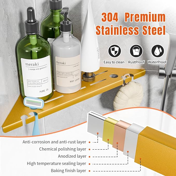Shower Corner Shelf with Razor Hole, 304 Stainless Steel, Gold, No Drilling, Modern Style Bathroom Caddy Organizer for Tile Wall, 2 Pack
