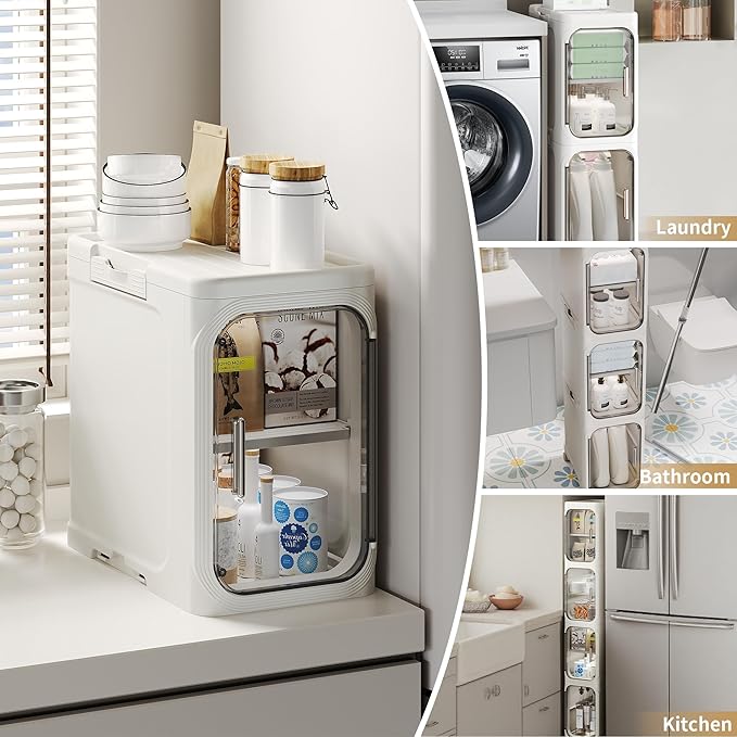 4-Tier Tall Narrow Storage Cabinet, Slim Bathroom Storage Cabinet with Adjustable Shelves and Wheels, Narrow Organizer for Small Space, Bathroom, Kitchen, Laundry, White